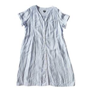Talbots Linen Shirt Dress Midi Striped Button Front Minimalist Lagenlook Pockets